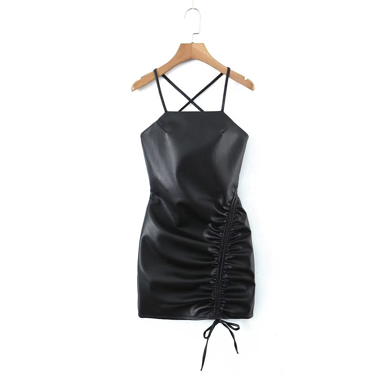 Cross Back Spaghetti Strap Ruched PU Mini Dress