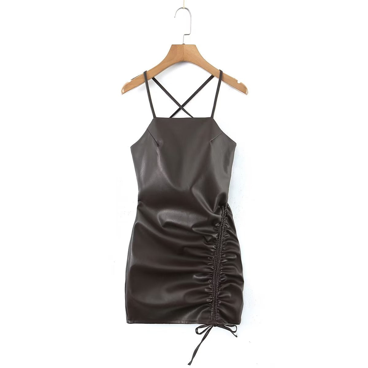 Cross Back Spaghetti Strap Ruched PU Mini Dress