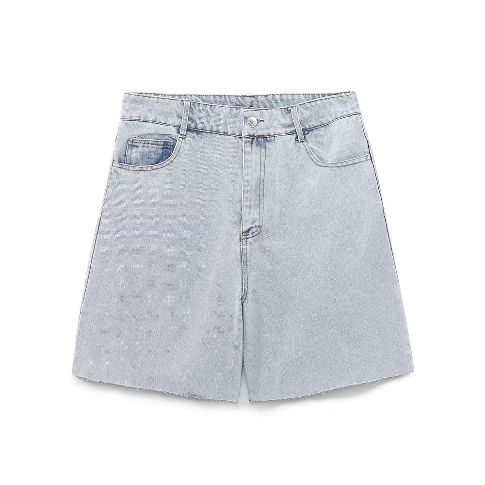 High Waist Frayed Hem Denim Bermuda Shorts