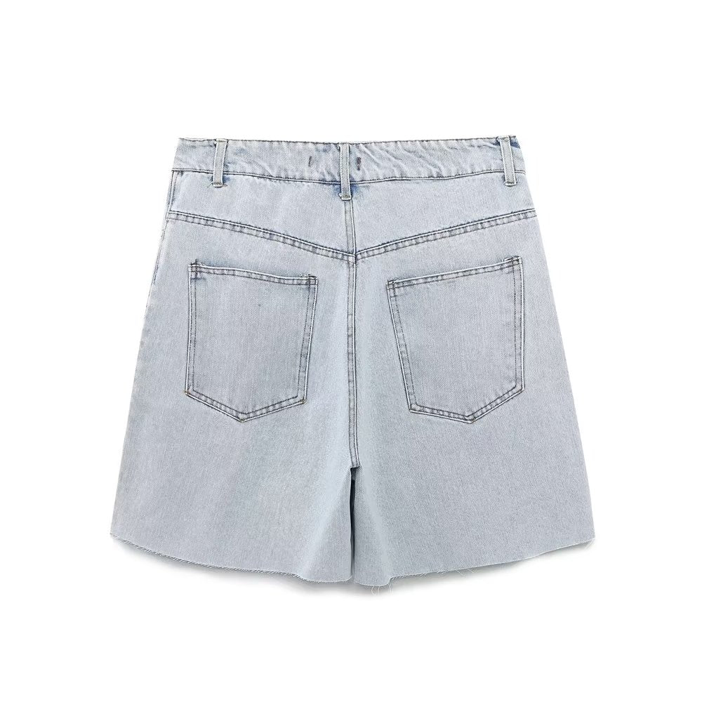 High Waist Frayed Hem Denim Bermuda Shorts