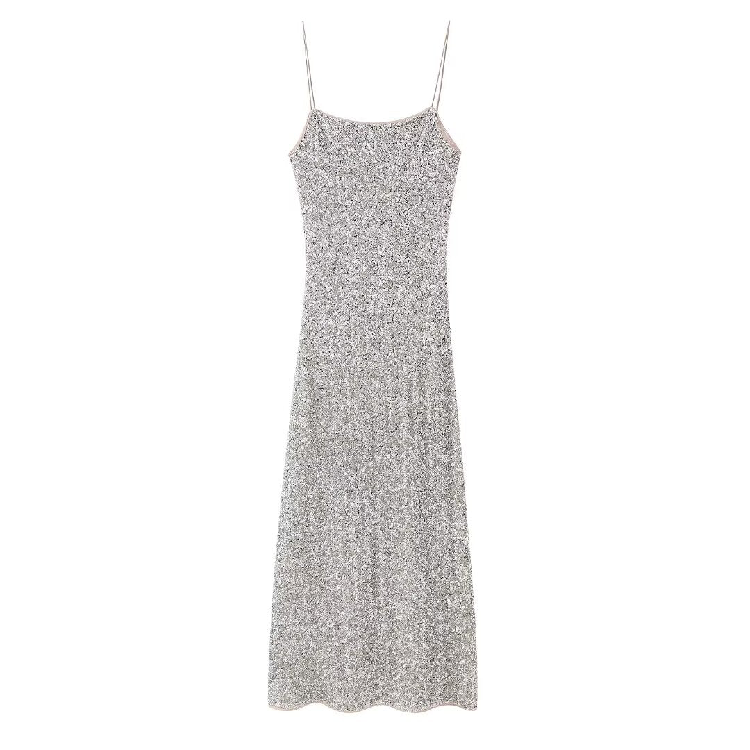 Sequined Spaghetti Strap Midi Dress