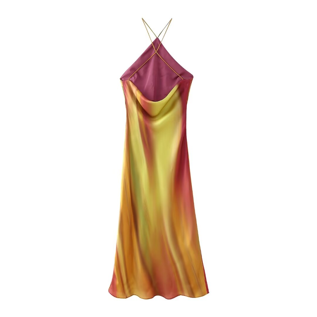 Print Satin Cross Back Halter Dress