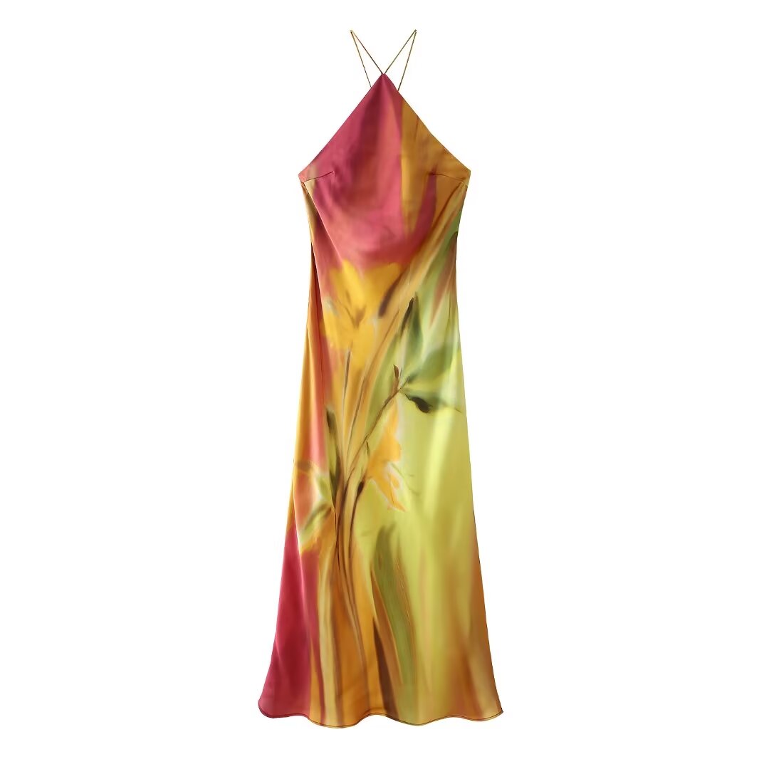 Print Satin Cross Back Halter Dress