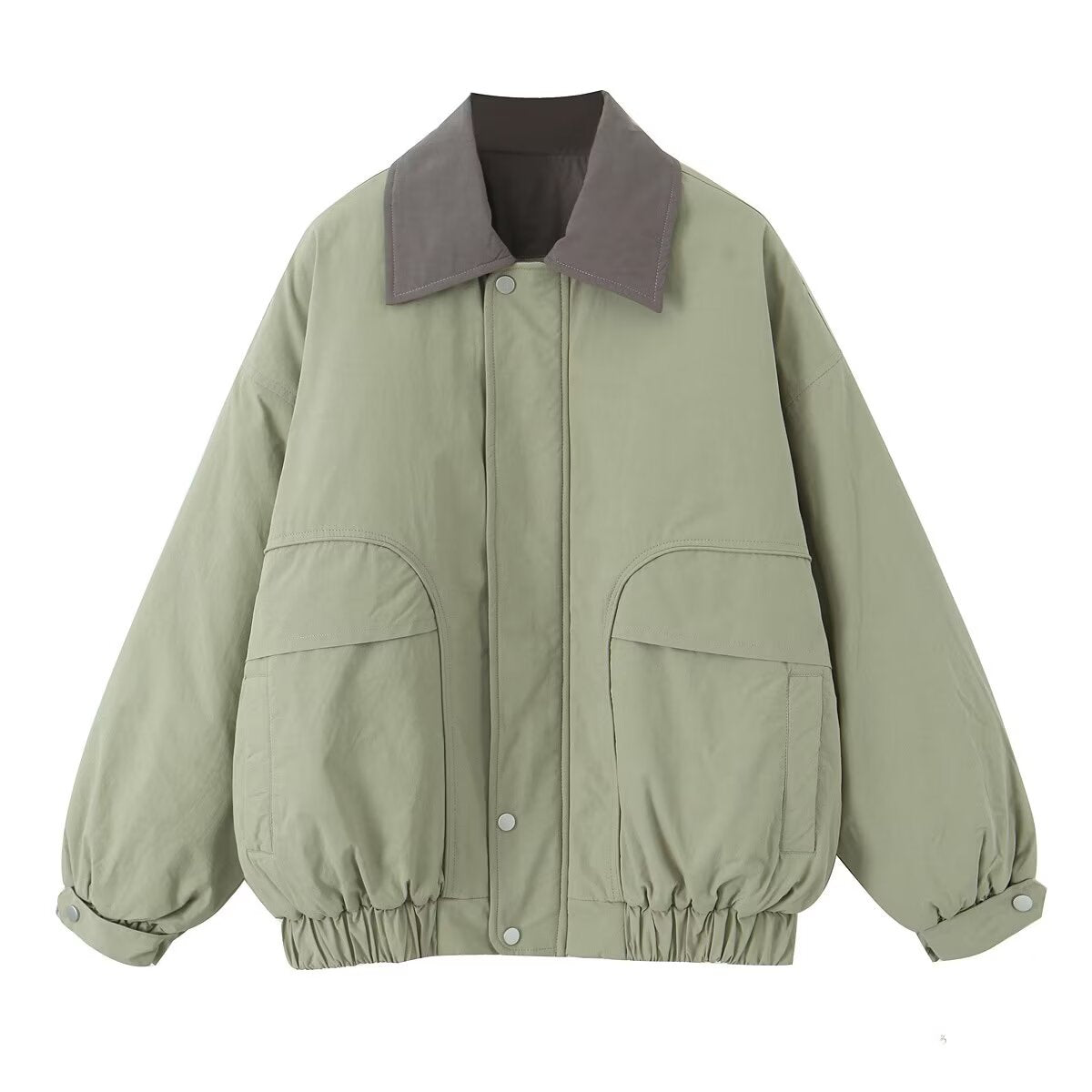 Contrast Collar Loose Fitted Green Jacket