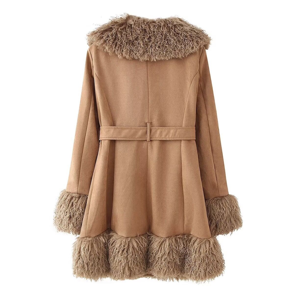 brown figure skating dress Faux Fur Trim Belted 3/4 Length Coat
