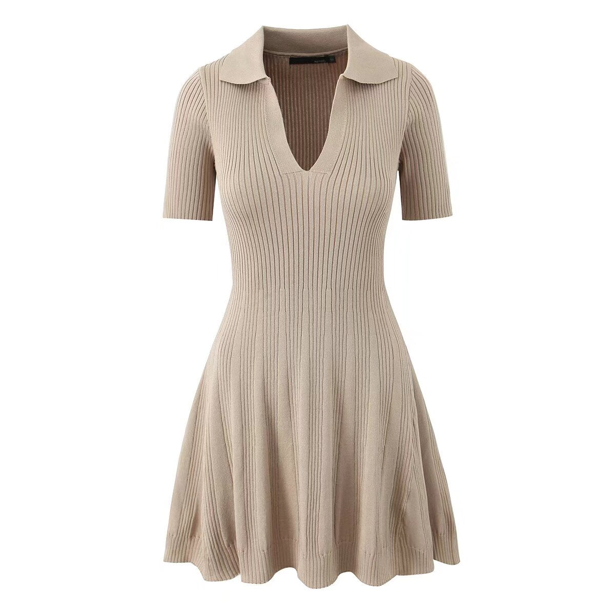 Sun-Imperial - Preppy Knit Lapel V-Neck Mini Dress with Short Sleeves Khaki / S Sun-Imperial - Preppy Knit Lapel V-Neck Mini Dress with Short Sleeves Khaki / S