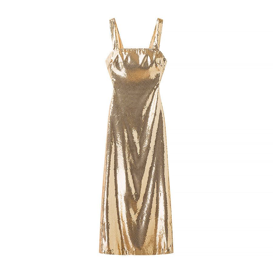 Open Back Square Neckline Gold Dress