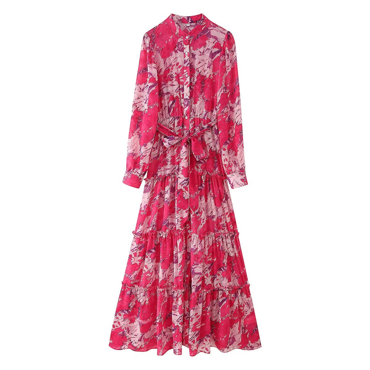 Long Sleeve Print Fit and Flare Maxi Dress