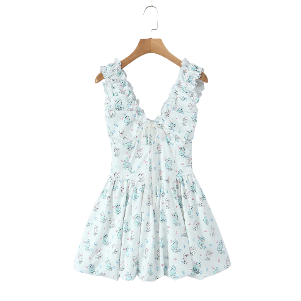 Cat Print V-Neck Vintage Mini Dress