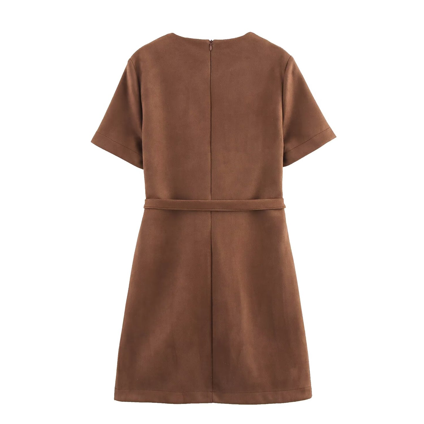 Belted Short Sleeve Suede Mini Dress