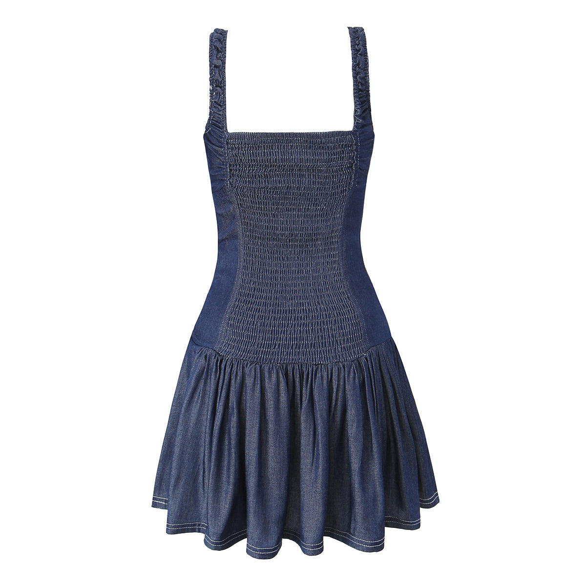 Square Neckline Drop Waist Denim Mini Dress