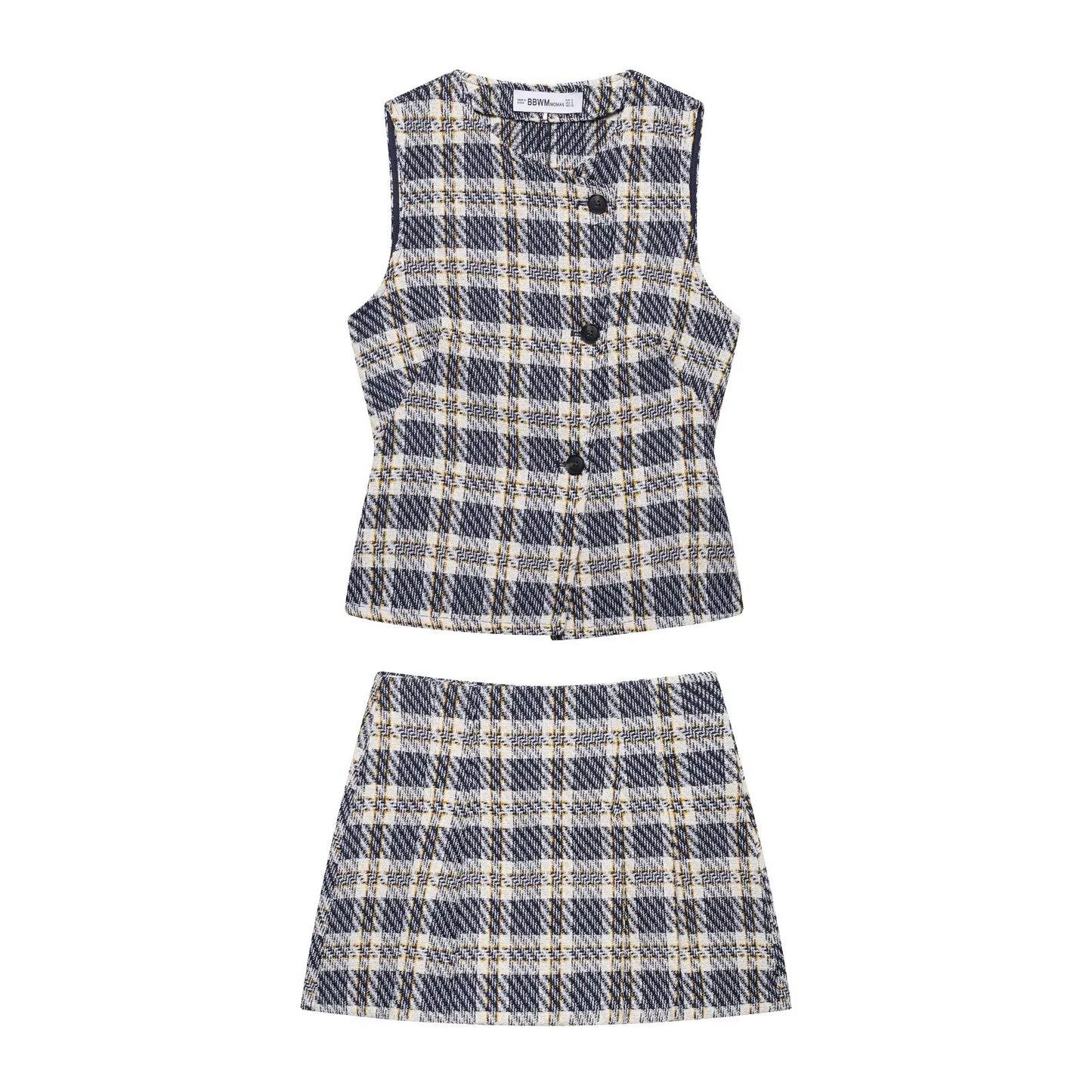 Plaid Sleeveless Button Down Top and Skirt Set