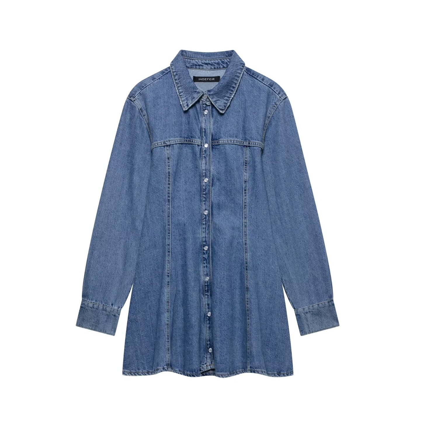 Cinched Waist Long Sleeve Button Down Denim Mini Dress