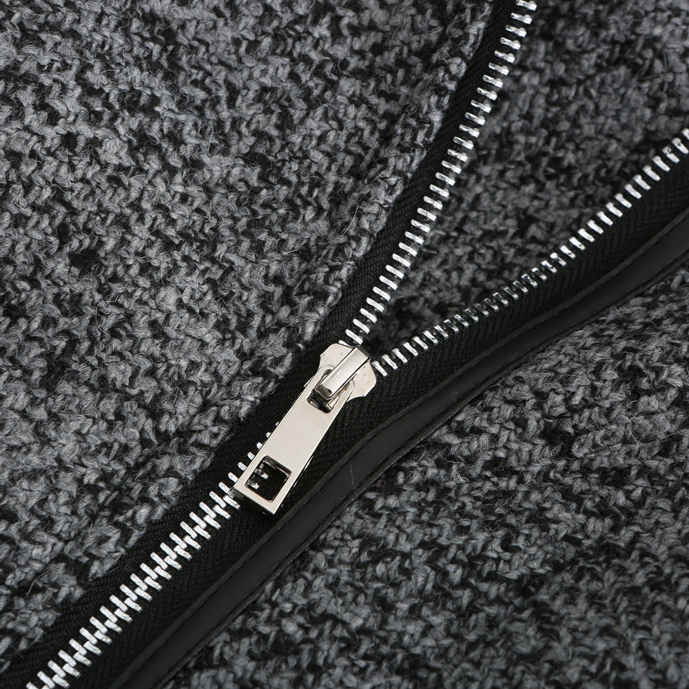 Hooded Woolen and Leather Patchwork Coat