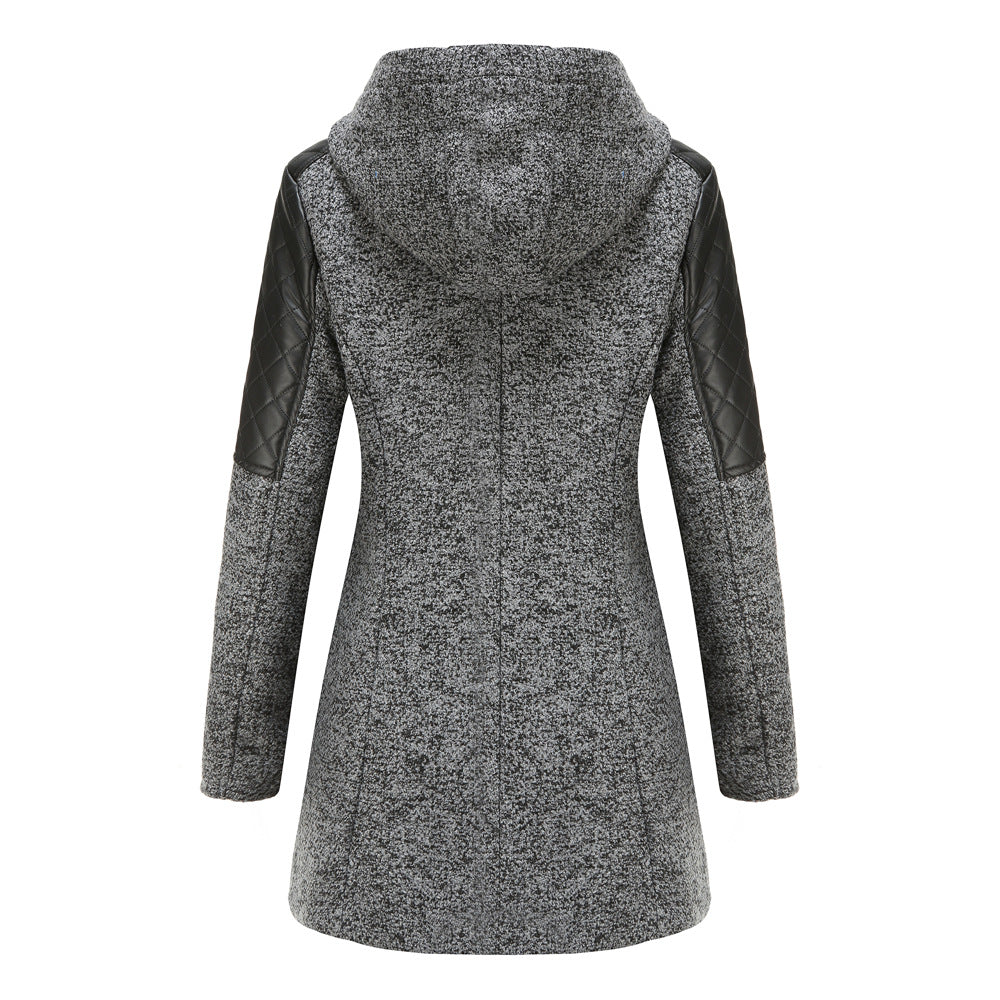 Hooded Woolen and Leather Patchwork Coat