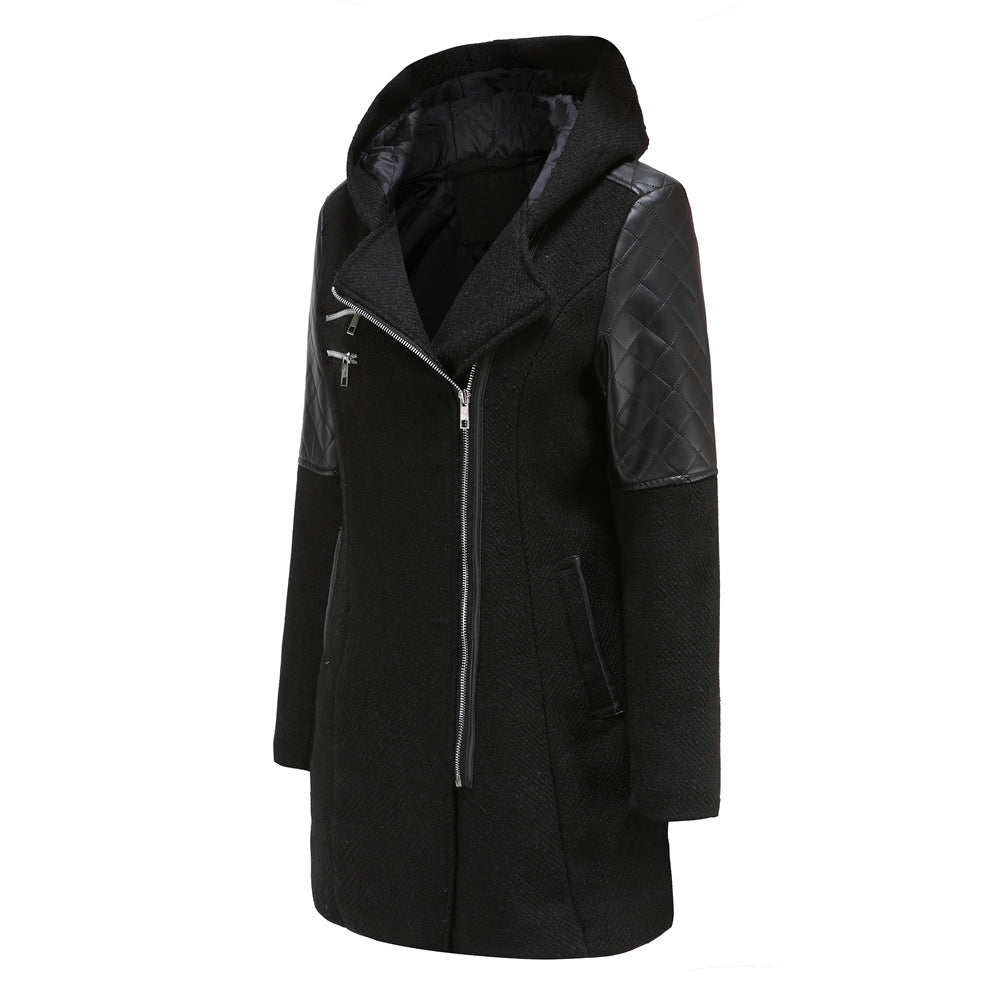 Hooded Woolen and Leather Patchwork Coat