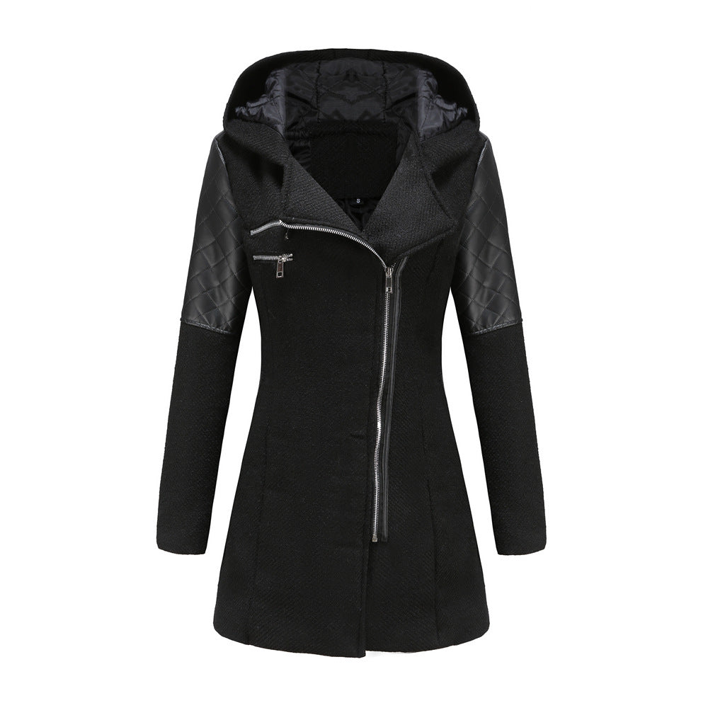 Hooded Woolen and Leather Patchwork Coat