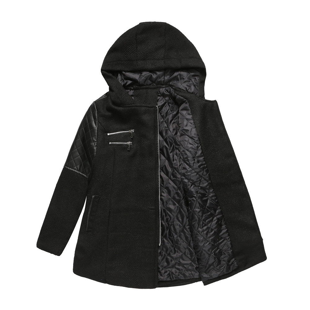Hooded Woolen and Leather Patchwork Coat