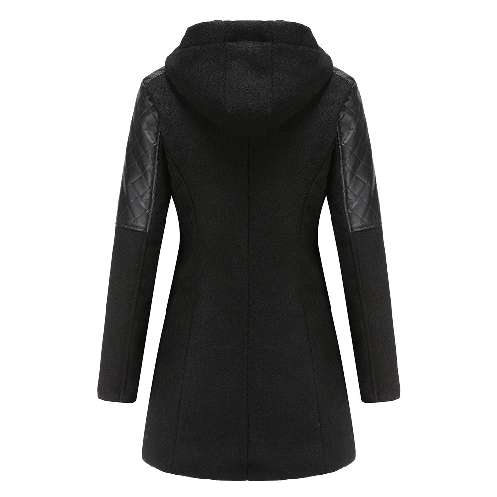 Hooded Woolen and Leather Patchwork Coat