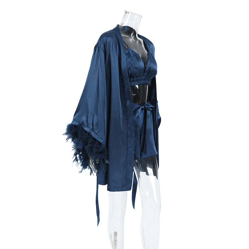 Feather Trim Robe Set