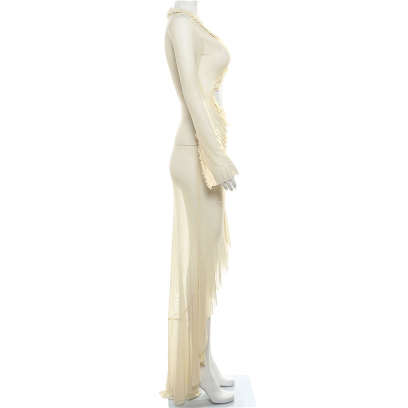 Ruffle Trim Belly Cut Out Long Sleeve Maxi Dress