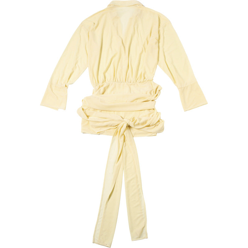 Sheer Button Down Ruched Skirt Mini Dress