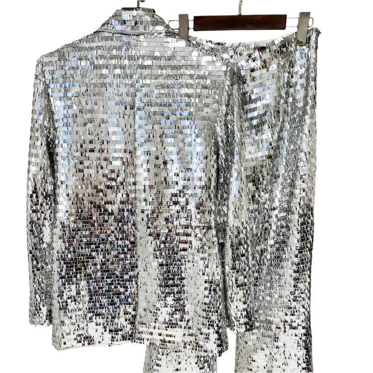 Sequin Blazer and Wide Leg Pants Suit Set