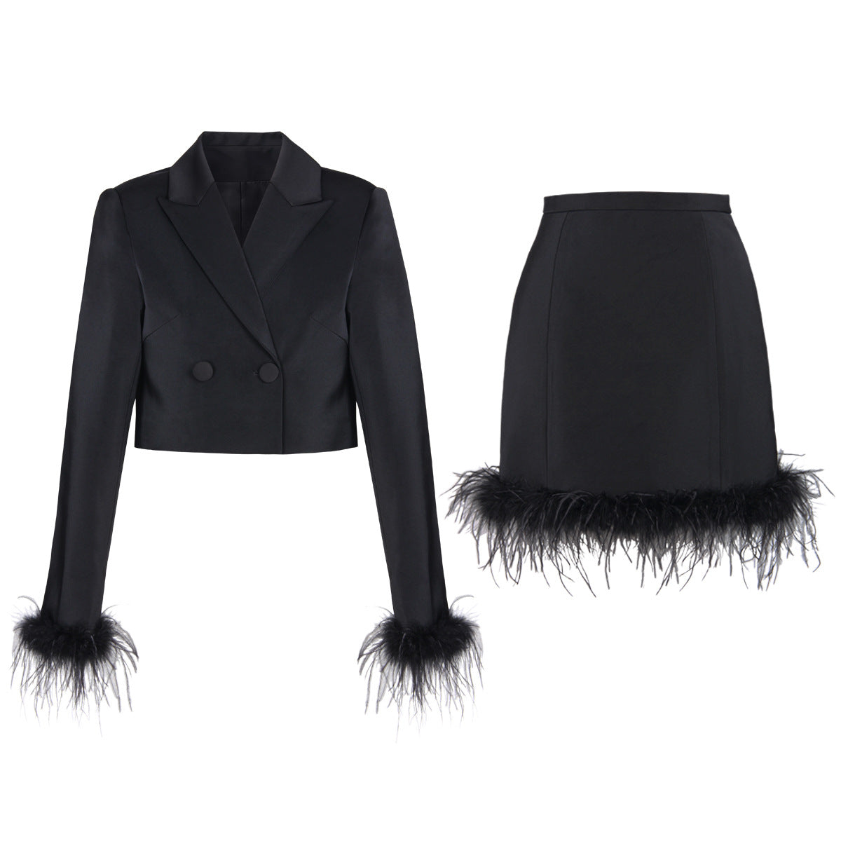 Feather Trim Blazer and Skirt Set