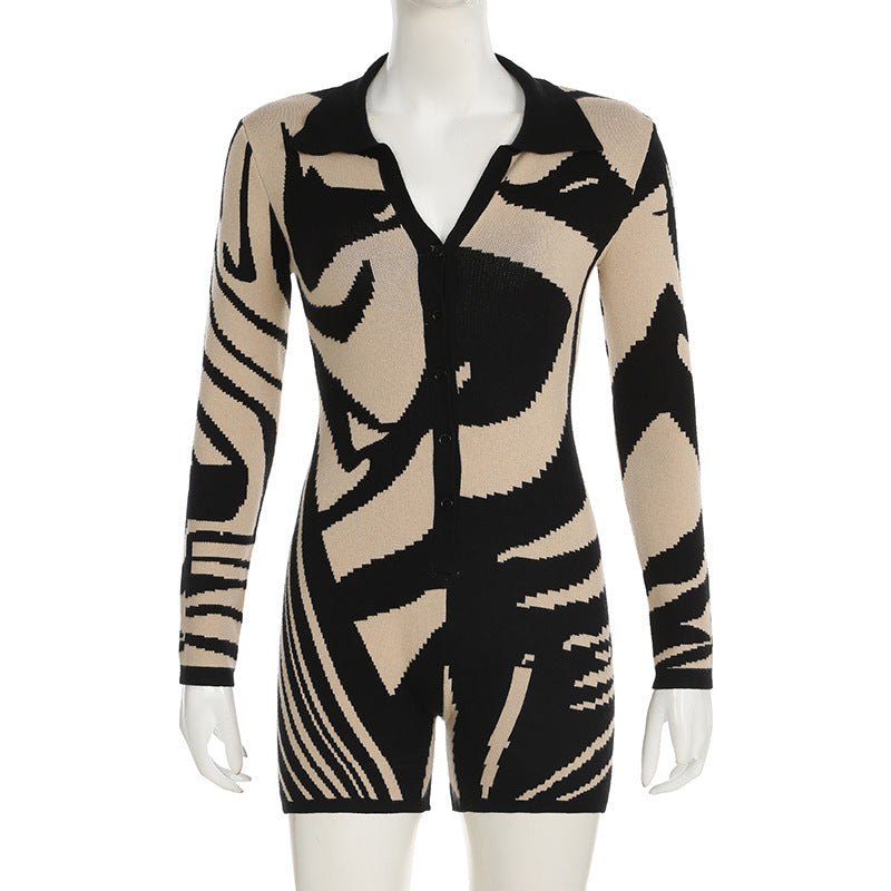 Print Long Sleeve V-Neck Romper