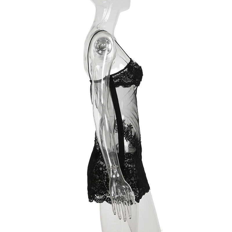 Mesh Lace Lace Spaghetti Strap Sheer Dress