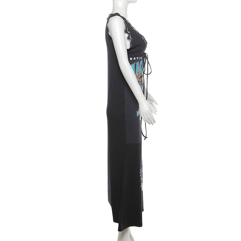 Lace Trim V Neck Fan GIrl Maxi Dress