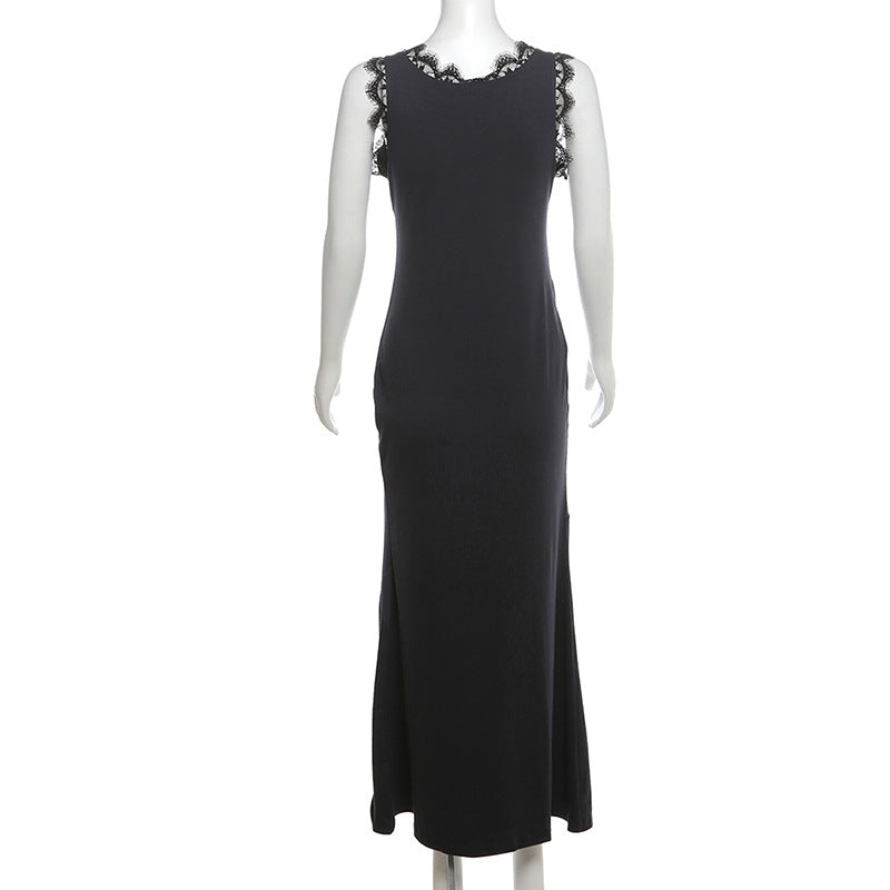 Lace Trim V Neck Fan GIrl Maxi Dress