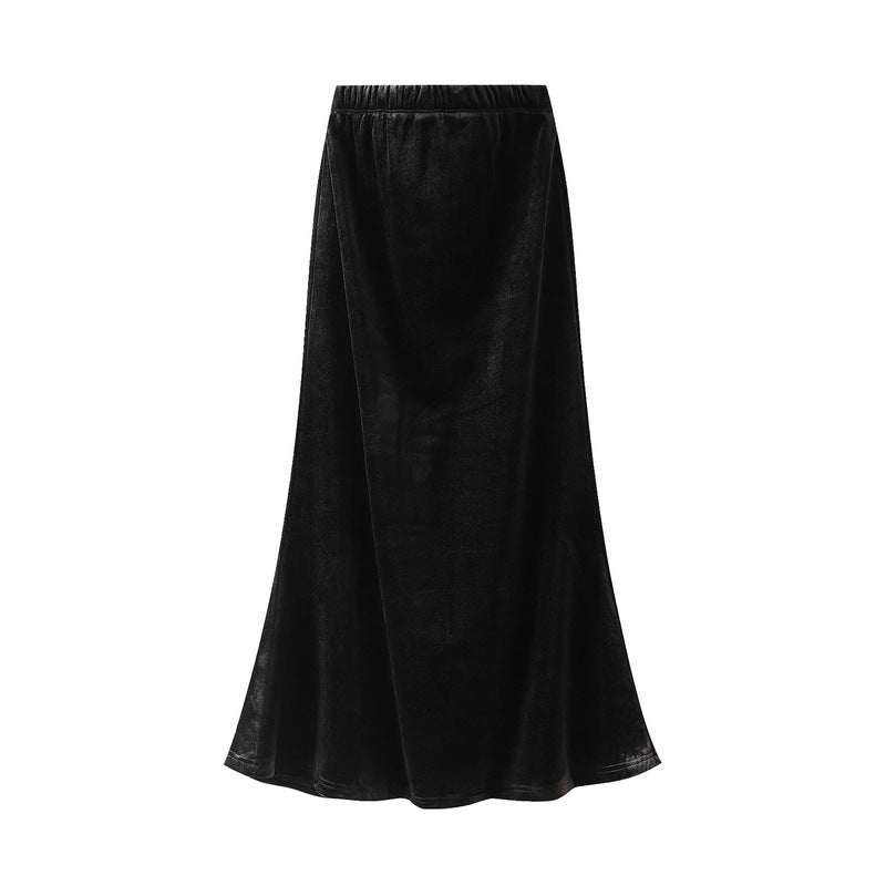 Fishtail High Waist Midi Velvet Skirt