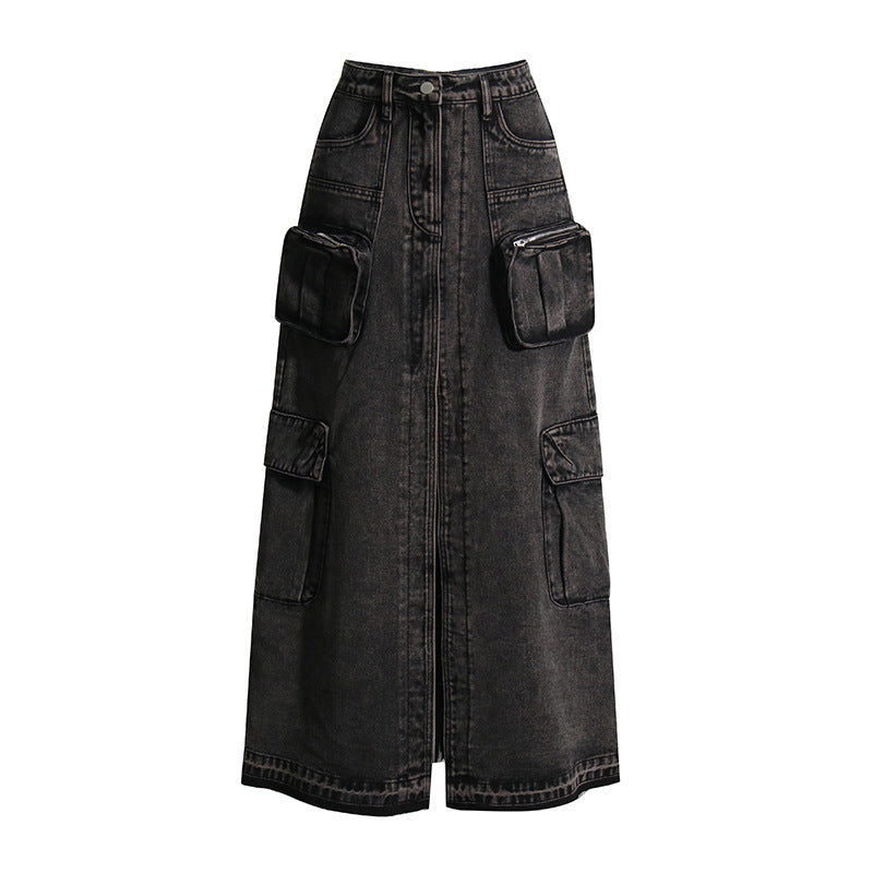 Cargo Denim Midi Skirt