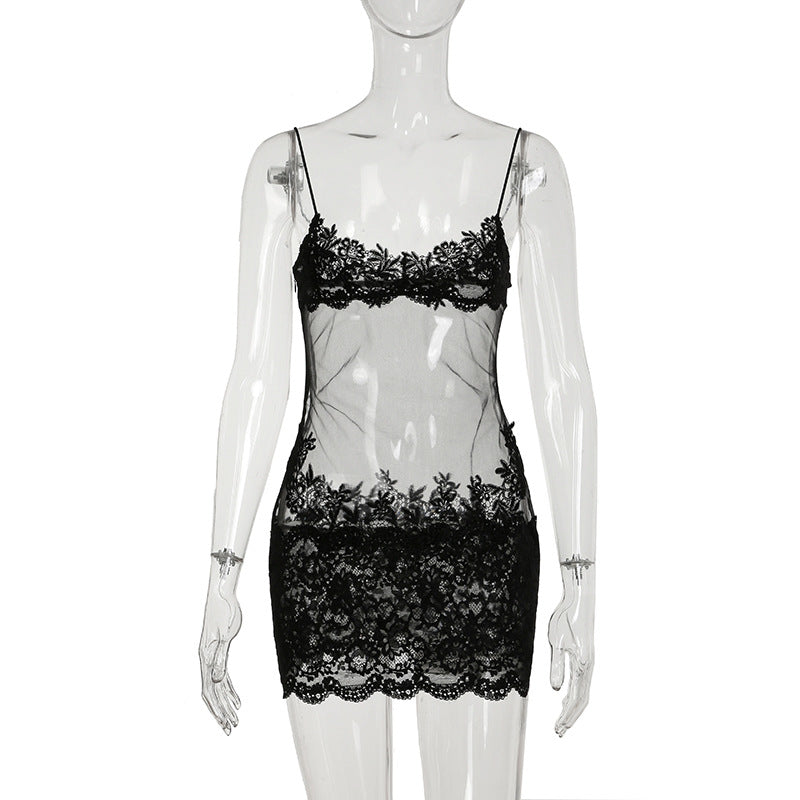 Mesh Lace Lace Spaghetti Strap Sheer Dress