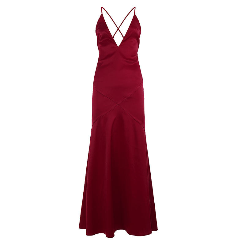 Satin V Neck Fishtail Dress - Shop Style Shark Red / S