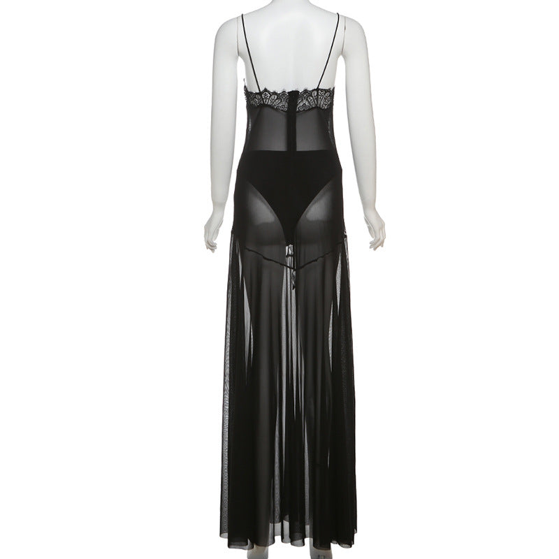 Sheer Lace Spaghetti Strap Maxi Dress