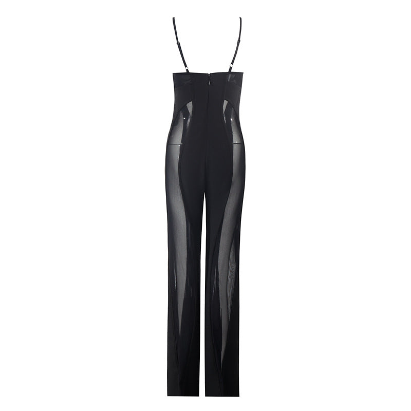 Mesh Siding Spaghetti Strap Jumpsuit