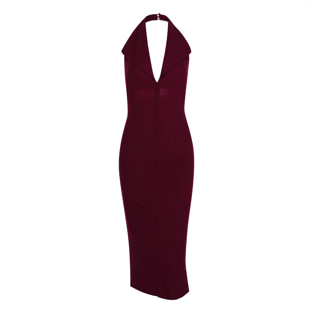 Buttoned Collared Halter Midi Dress - Shop Style Shark Dark Red / S Buttoned Collared Halter Midi Dress - Shop Style Shark Dark Red / S