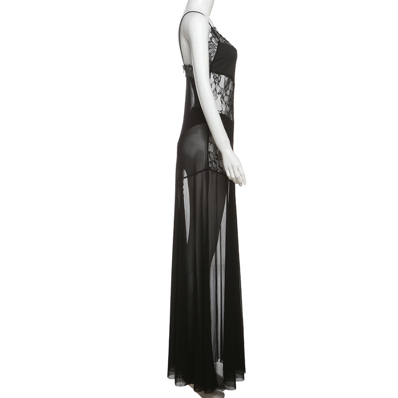 Sheer Lace Spaghetti Strap Maxi Dress
