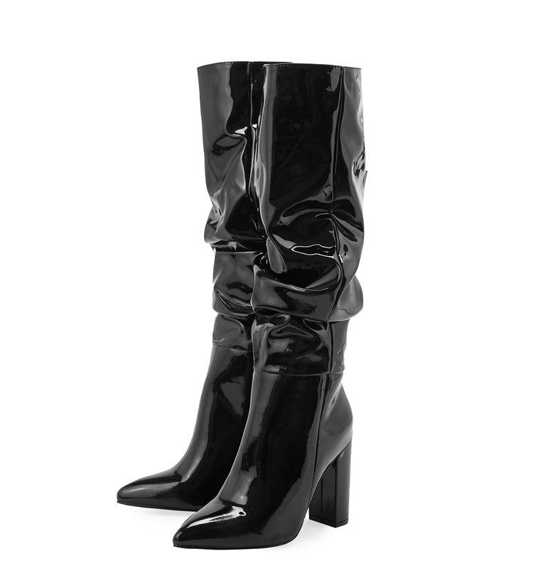 Patent Leather Pointed Toe Chunky High Heel Boots