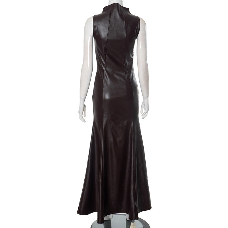 Mock Neck Fishtail Faux Leather Maxi Dress