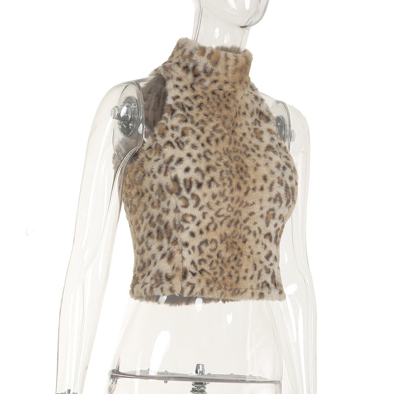 Mock Neck Leopard Print Furry Sleeveless Top