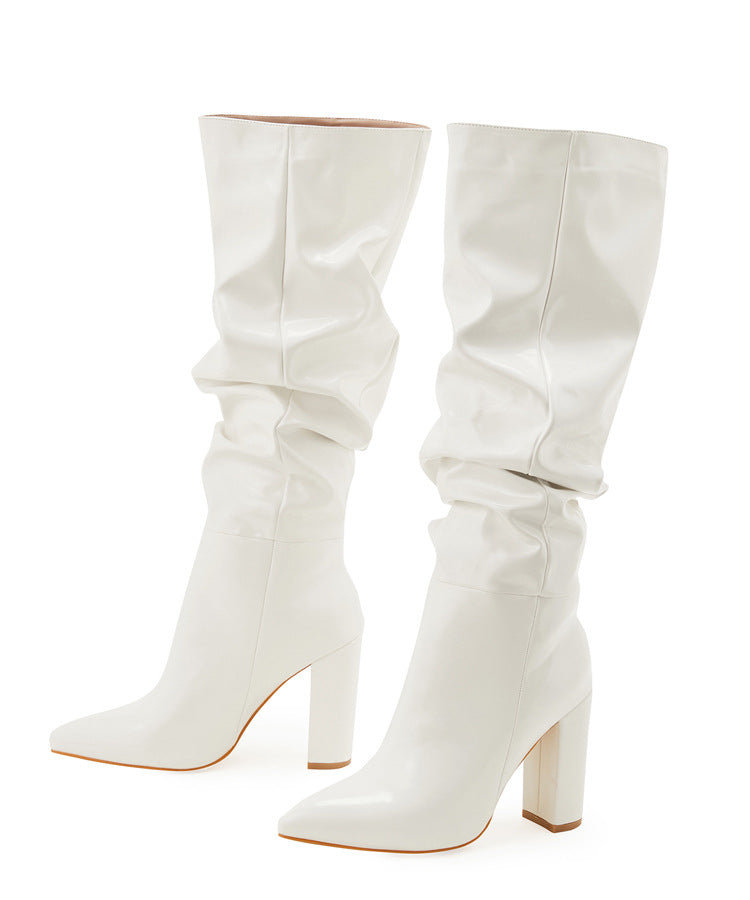 Patent Leather Pointed Toe Chunky High Heel Boots