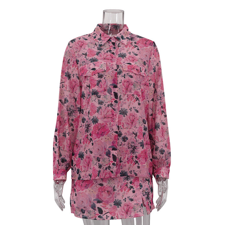 Two Piece Floral Print Button Down and Skort Set
