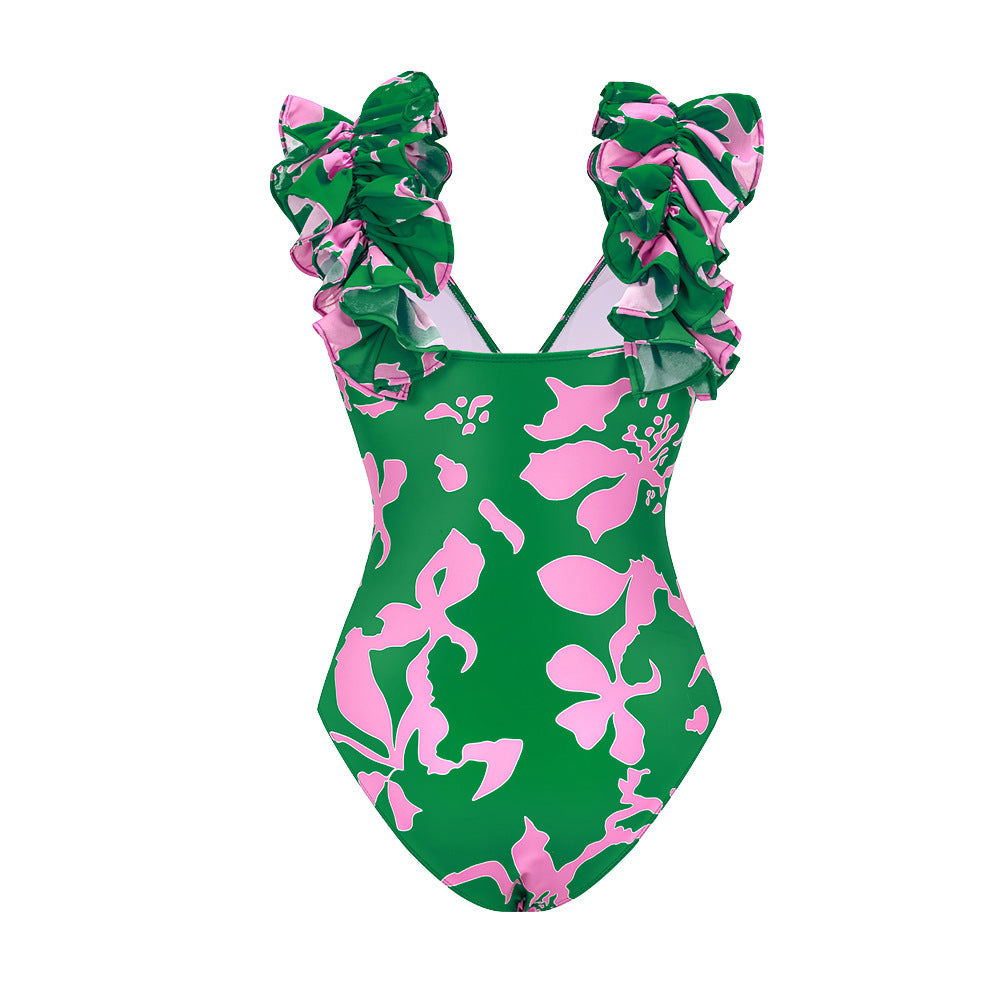 V-Neck Ruffle Trim Swimsuit and Tiered Skirt