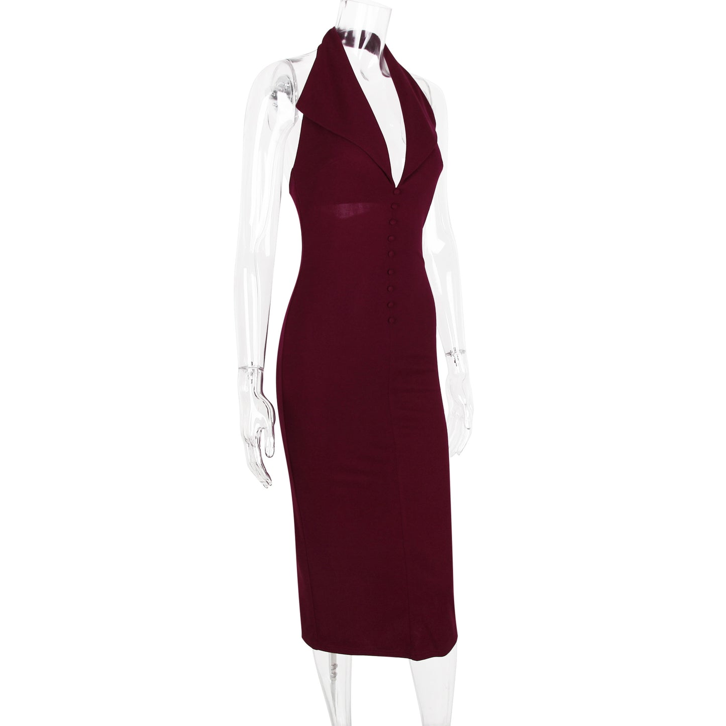Buttoned Collared Halter Midi Dress