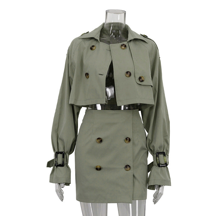 Double Breasted Trench Style Top and Skirt Set