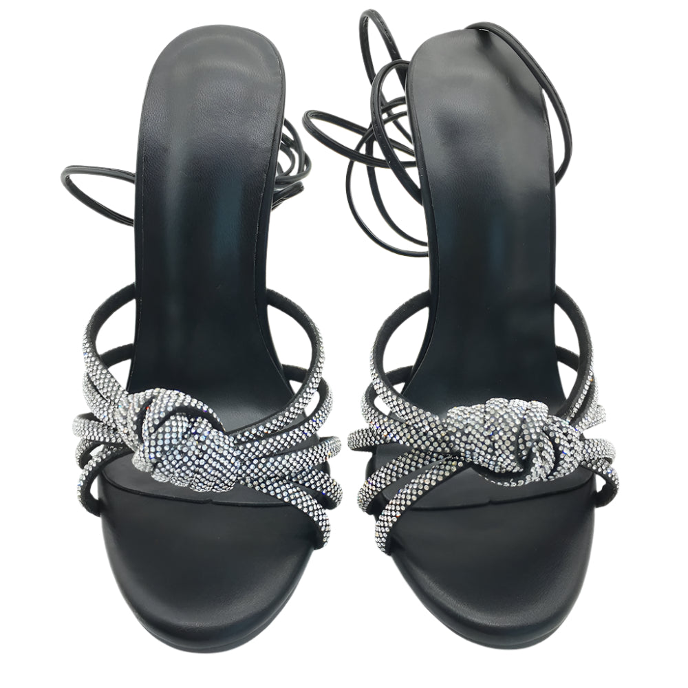 Rhinestone Knotted Strap Lace Up High Heels