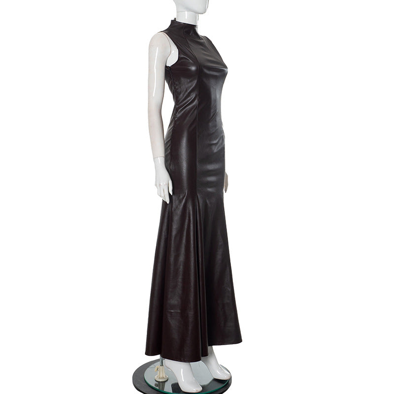 Mock Neck Fishtail Faux Leather Maxi Dress